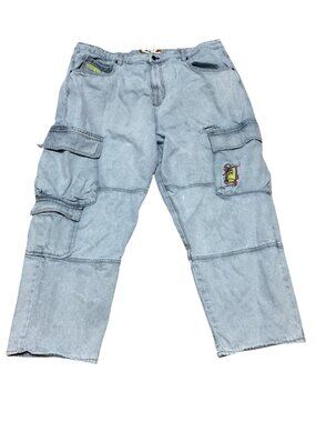 Empyre Mens Light Wash Denim Cargo Pants Size 42 With Graphic Patch Details